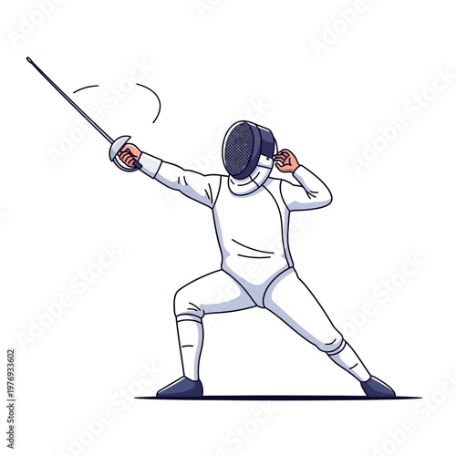 Fencer in white protective suit lunging with foil sword, athletic sport illustration