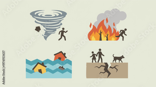 Set of Natural Disaster Icons: Tornado, Wildfire, Flood, and Earthquake