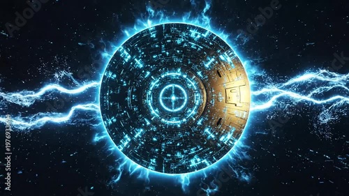 Blue glowing digital grid tunnel with central light