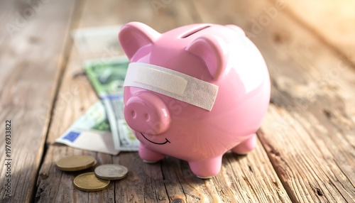 A pink ceramic piggy bank with a bandage over one eye, next to US currency and coins, sits on a wooden surface