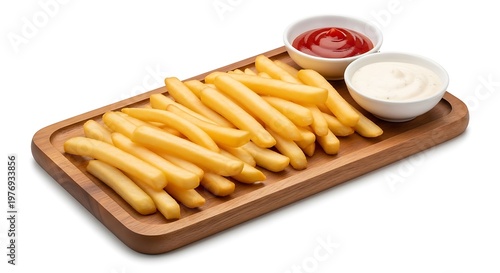 Golden French Fries on Wooden Tray with Ketchup and Mayonnaise