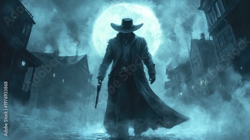 Dark fantasy digital art of a mysterious gunslinger in a long dark coat and wide-brim hat standing in a foggy old western town under a glowing full moon, dramatic cold blue atmospheric light