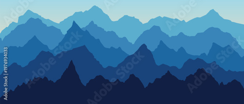 Mountain ridge silhouette with blue gradient fog creates stunning panoramic landscape vector illustration background. Perfect vector illustration for nature designs and scenic horizons.