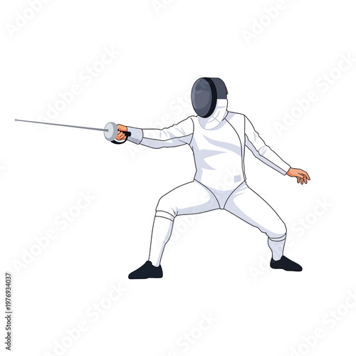 Fencer in White Uniform Lunging Forward with Foil Sword