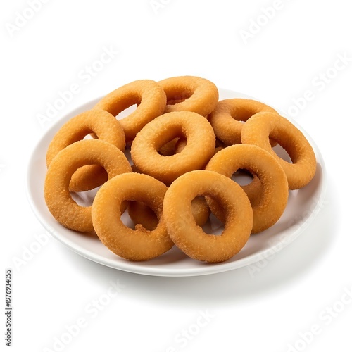 Golden Onion Rings on White Plate Isolated on White Background