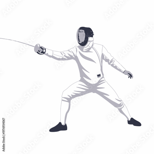 Fencer in white uniform with mask and sword, attacking pose, isolated on white background.