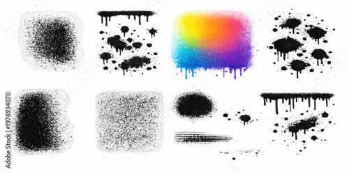 Set of black grunge ink splashes and splatter brush strokes featuring vector paint blots and dirty spray textures for artistic design elements