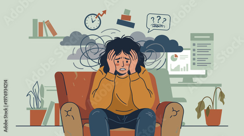 Illustration of a person overwhelmed by stress, clouds, and paperwork.