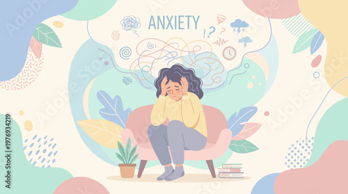 Illustration of a person experiencing anxiety and worry in a pastel scene.