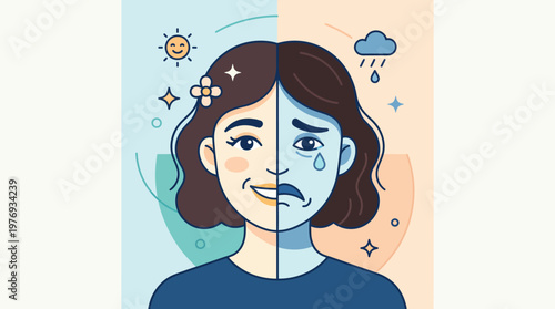 Split portrait of a woman showing contrasting emotional states and mental health.