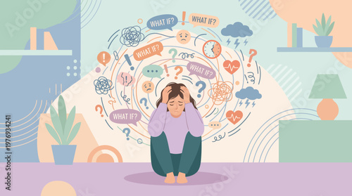 Young woman overwhelmed by anxious thoughts and difficult emotions.