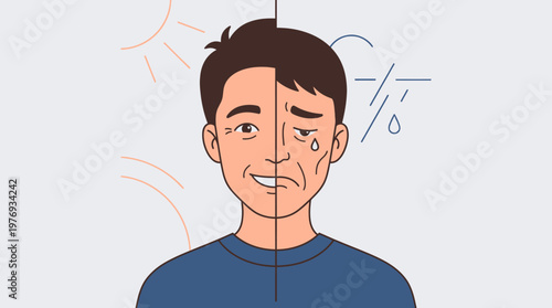 Split illustration of a man's contrasting emotional states and mental wellbeing.