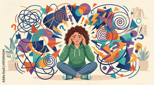Stressed woman sitting cross-legged amid chaotic colorful abstract thoughts.