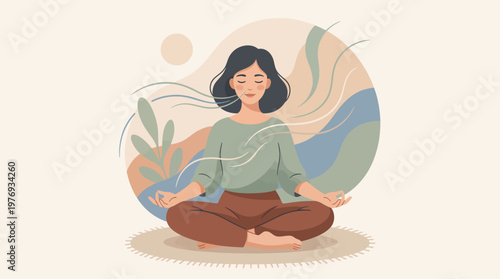 Young woman meditating in peaceful abstract nature setting.