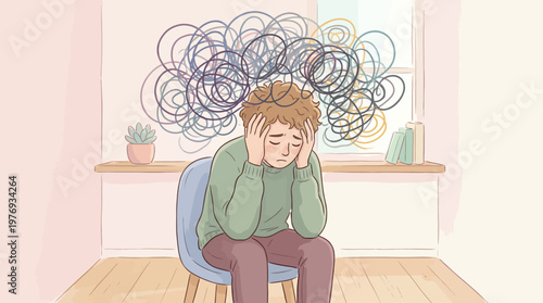 Illustration of a person overwhelmed by swirling anxious thoughts at home.