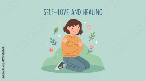 Woman Embracing Herself in a Gentle Self-Love and Healing Illustration.