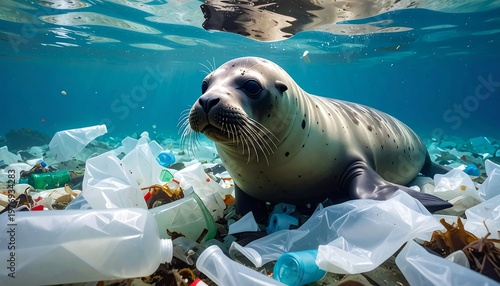 A seal surrounded by plastic waste underwater