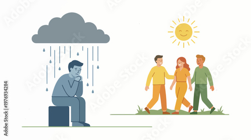 Illustration of an isolated person standing in rain separated from a sunny walking group.