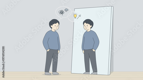 Young man contemplating his reflection in a mirror.