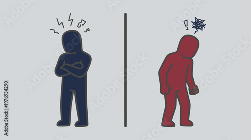 Contrasting angry and depressed figures illustrating emotional states.