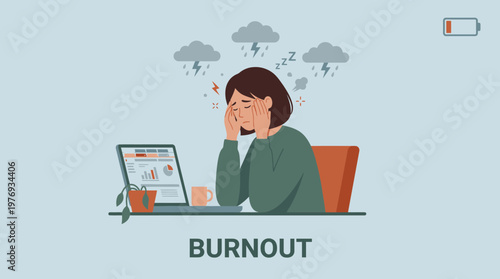 Tired remote worker sitting at laptop experiencing burnout and low energy.