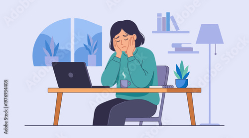 Illustration of a tired woman at her laptop desk feeling stressed and overwhelmed.