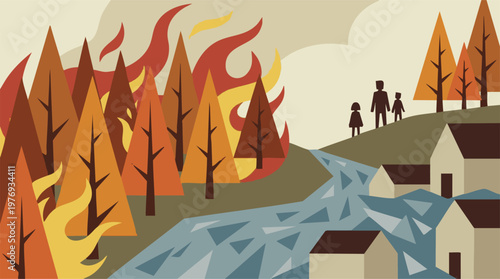 Wildfire burning near a village and family by a river, environmental disaster