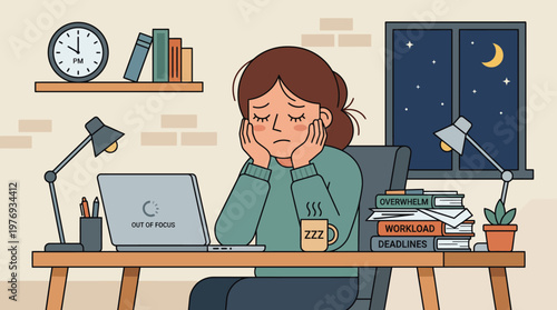 Woman studying late at night at a cluttered desk with laptop and books.