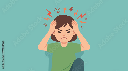 Illustration of a young person holding head in migraine pain and stress.