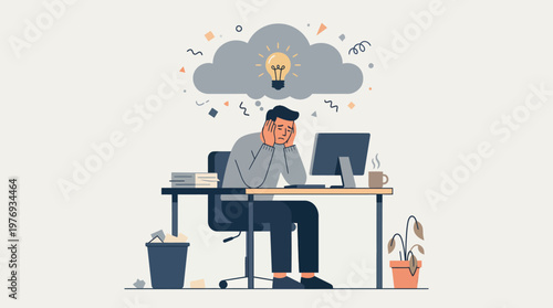 Stressed office worker overwhelmed by creative blockage at desk.