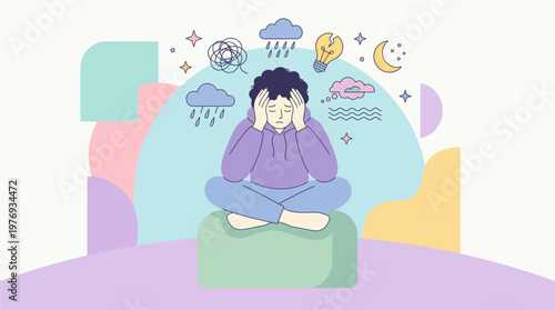 Person meditating amid intrusive thoughts and anxious emotions.