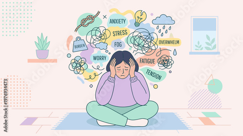 Illustration of an overwhelmed person surrounded by anxious thoughts.