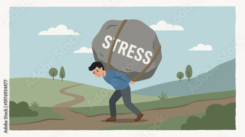 Man struggling to carry a giant rock labeled stress uphill.