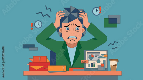 Stressed businessman overwhelmed at cluttered office desk with deadlines and analytics.