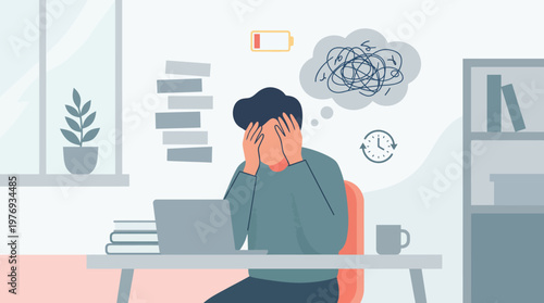 Young person overwhelmed at desk with anxious and racing thoughts.