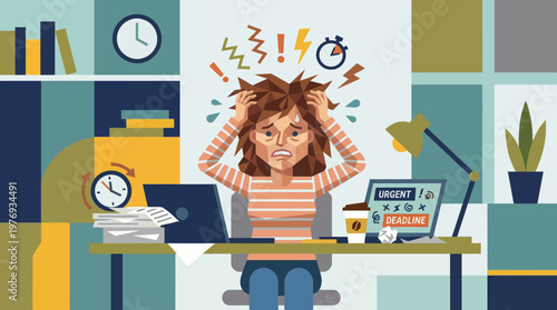 Stressed young woman overwhelmed by work and bills at cluttered desk.