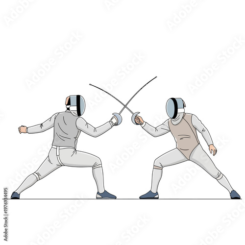 Two Fencers in Protective Gear Duel with Swords on White Background