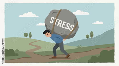 Man struggling to carry a massive rock labeled STRESS across a winding path.