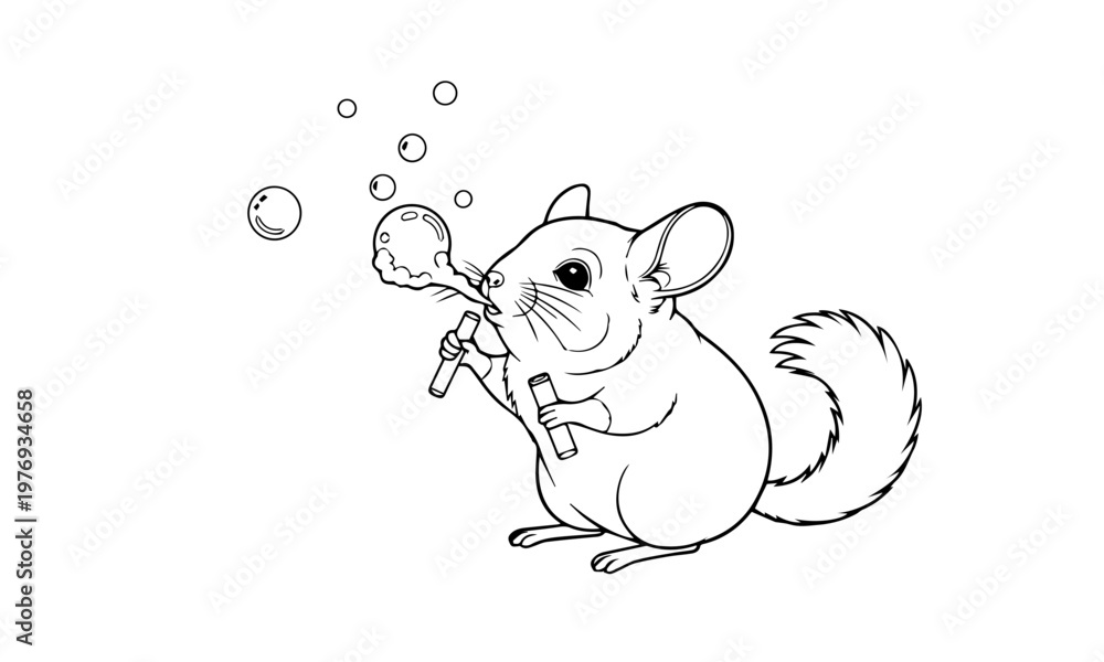 Fototapeta premium A charming illustration depicts a chinchilla playfully blowing soap bubbles with a wand. Coloring page, black and white