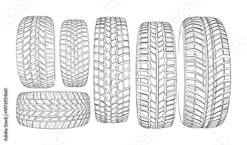 Collection of six line car tires with varied tread patterns wheel rubber