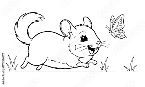 A charming illustration of a chinchilla and a butterfly in a grassy field. Coloring page, black and white