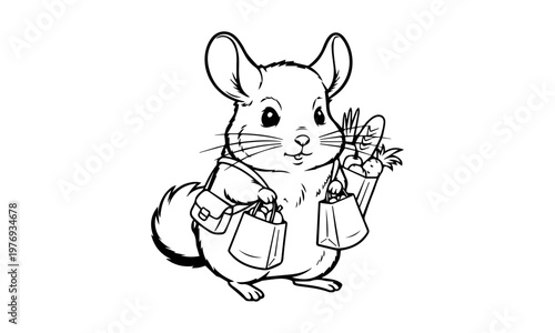 A charming chinchilla illustration depicts a small rodent with shopping bags. Coloring page, black and white
