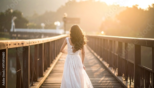 A woman in a flowing white dress walks away on a wooden bridge at sunset, back to the camera, sunlight glows