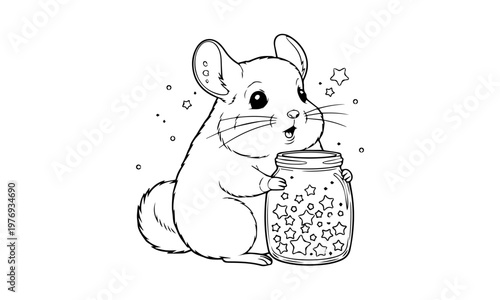 A charming illustration of a chinchilla holding a jar filled with stars. Coloring page, black and white
