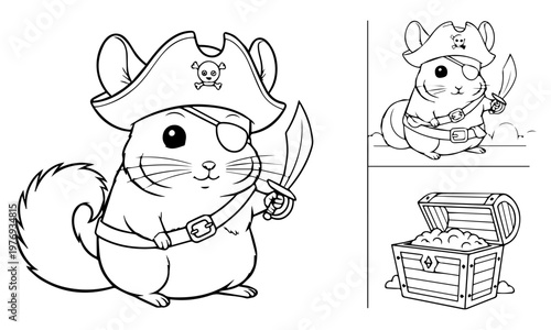 Two pirate chipmunks and a treasure chest in a playful line art illustration. Coloring page, black and white
