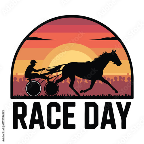 Silhouette of a running horse and rider in a natural sunset landscape vector design