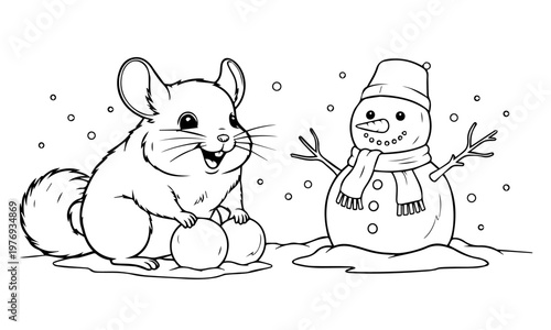 A cheerful chinchilla prepares to build a snowman in a winter scene. Coloring page, black and white