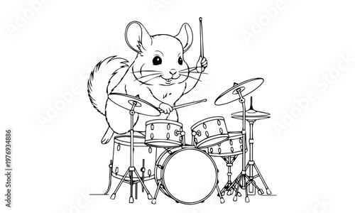 A detailed line drawing depicts a chinchilla enthusiastically playing a complete drum kit. Coloring page, black and white