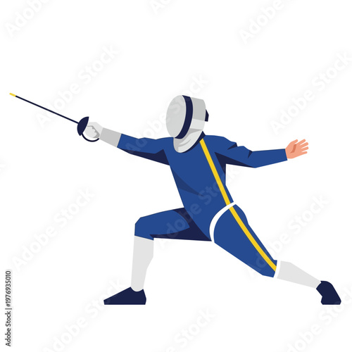 Fencer In Action, Blue Uniform, Holding Sword, Defensive Pose, Sport Illustration