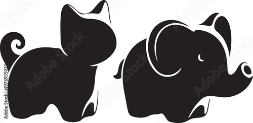 Black silhouette of a cat and an elephant animal